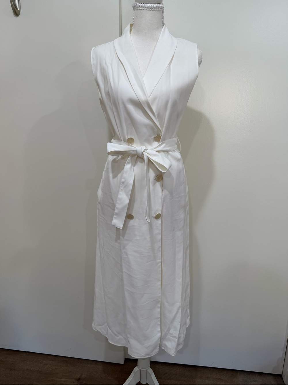 Mango Sleeveless Cream Wrap-Style Midi Dress with Tie Waist